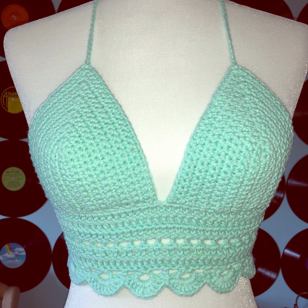🧶 Crop top handmade “crochet” B cup in sea glass.